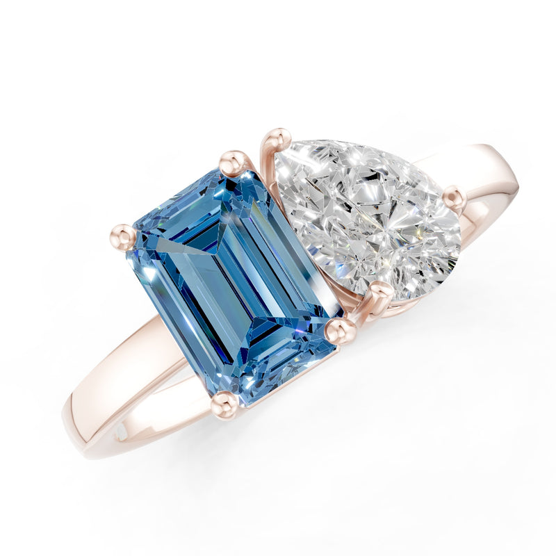 Cocktail Ring with Emerald Cut Gemstone and Pear Lab Grown Diamond
