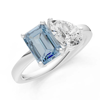 Cocktail Ring with Emerald Cut Gemstone and Pear Lab Grown Diamond
