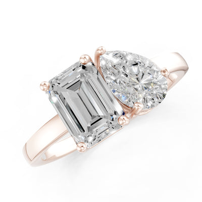 Cocktail Ring with Emerald Cut Gemstone and Pear Lab Grown Diamond