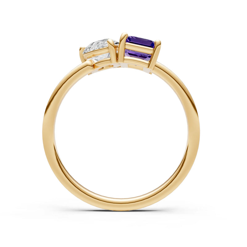 Amethyst Emerald Cut Gemstone and Pear Cut Diamond Cocktail Ring