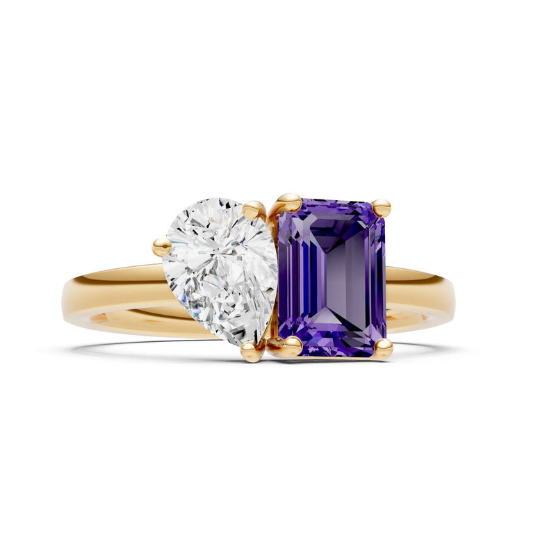 Cocktail Ring with Emerald Cut Gemstone and Pear Lab Grown Diamond