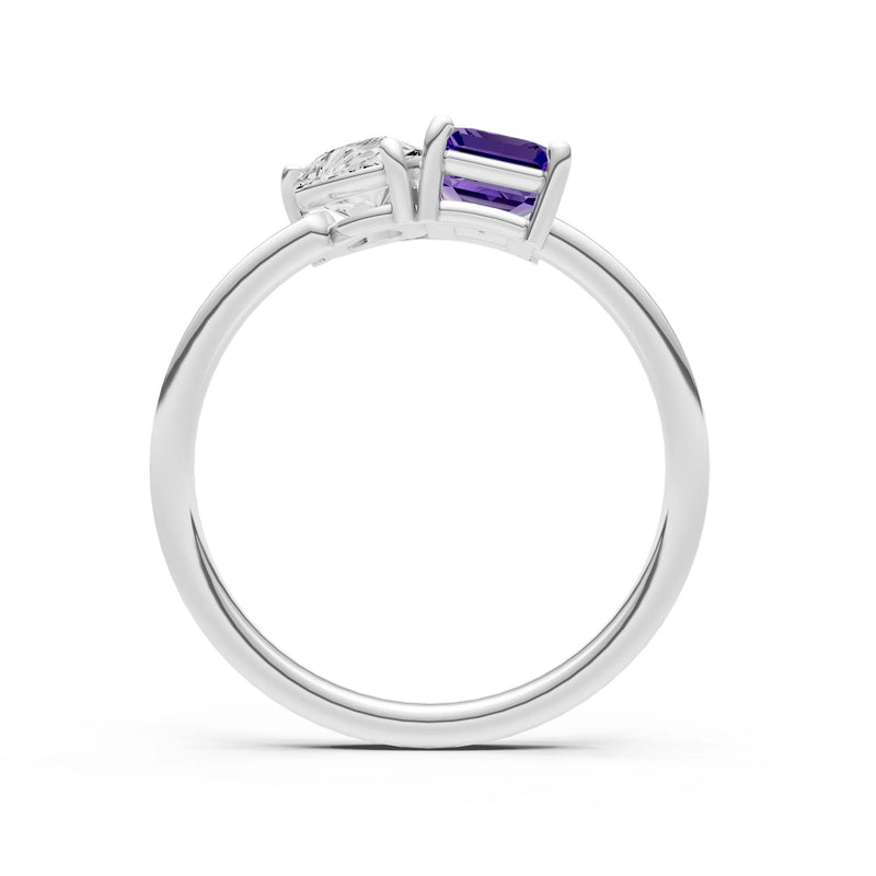 Cocktail Ring with Emerald Cut Gemstone and Pear Lab Grown Diamond