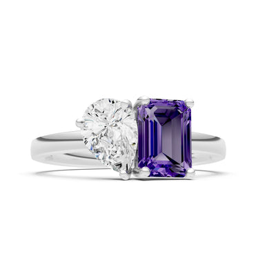 Cocktail Ring with Emerald Cut Gemstone and Pear Lab Grown Diamond