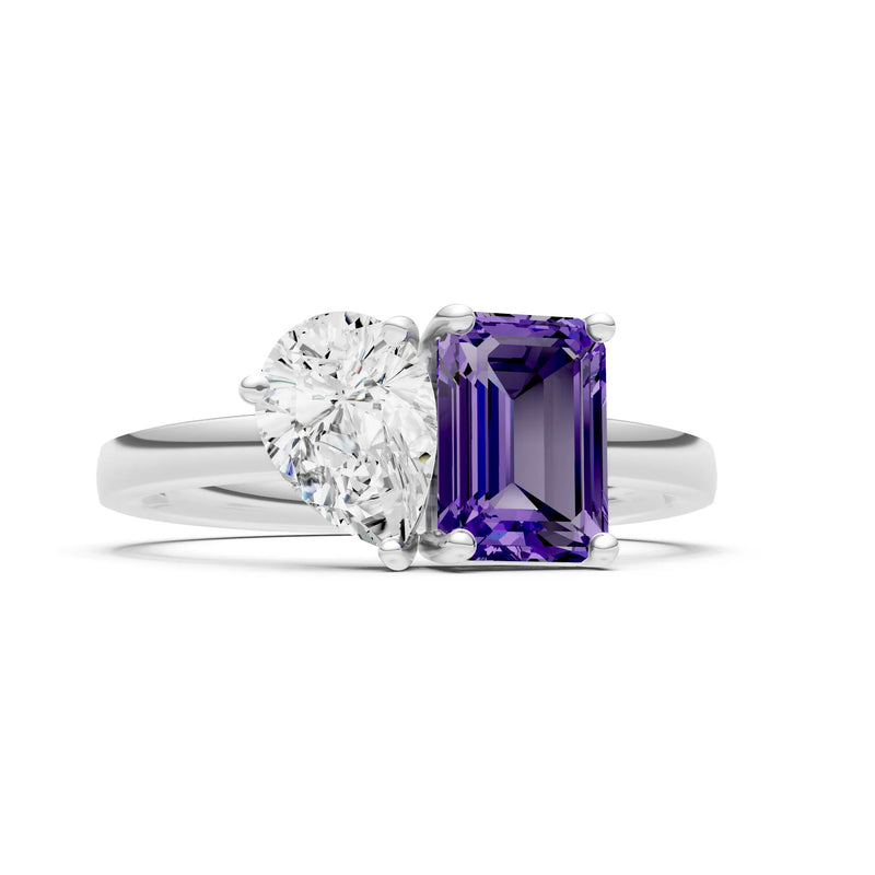 Cocktail Ring with Emerald Cut Gemstone and Pear Lab Grown Diamond