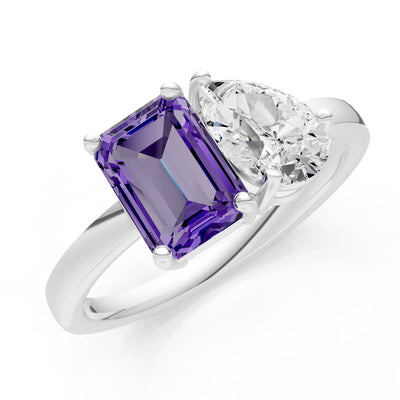 Cocktail Ring with Emerald Cut Gemstone and Pear Lab Grown Diamond