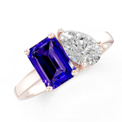 Cocktail Ring with Emerald Cut Gemstone and Pear Lab Grown Diamond