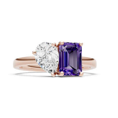 Amethyst Emerald Cut Gemstone and Pear Cut Diamond Cocktail Ring