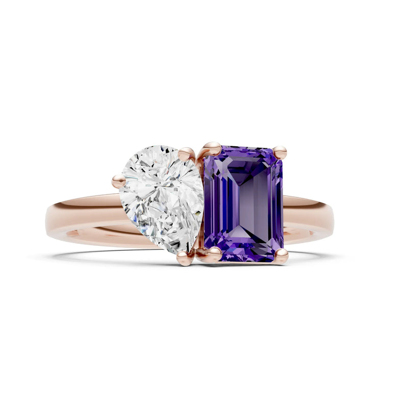 Cocktail Ring with Emerald Cut Gemstone and Pear Lab Grown Diamond
