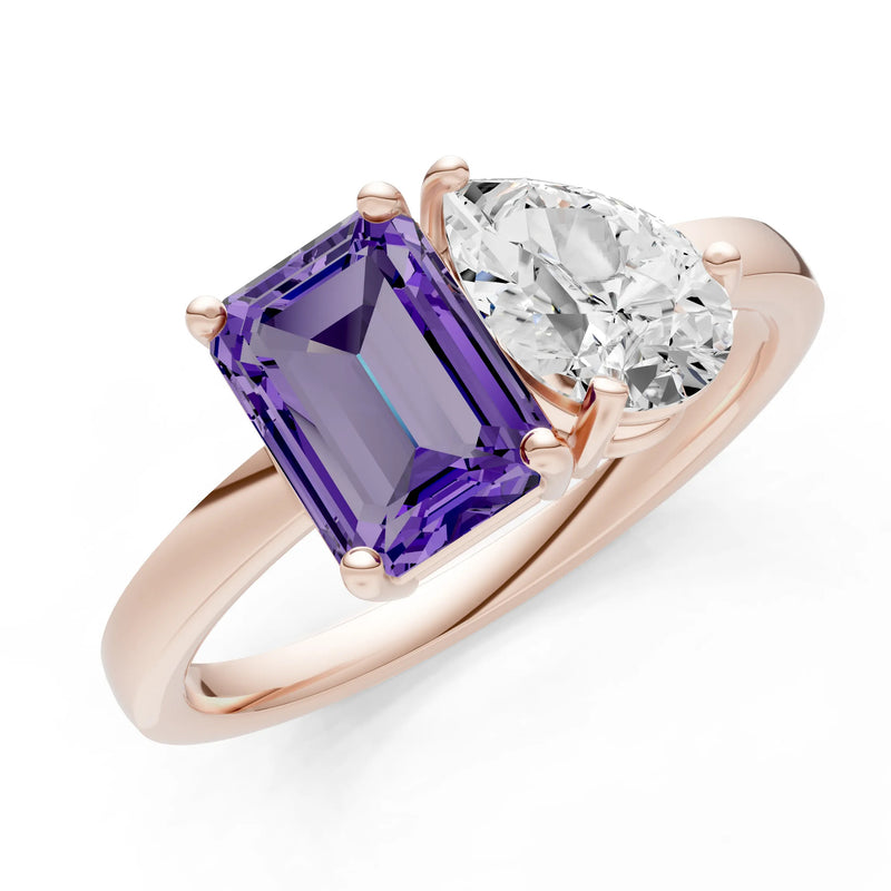 Cocktail Ring with Emerald Cut Gemstone and Pear Lab Grown Diamond
