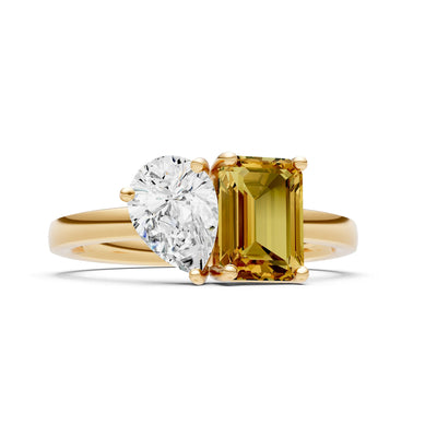 Cocktail Ring with Emerald Cut Gemstone and Pear Lab Grown Diamond