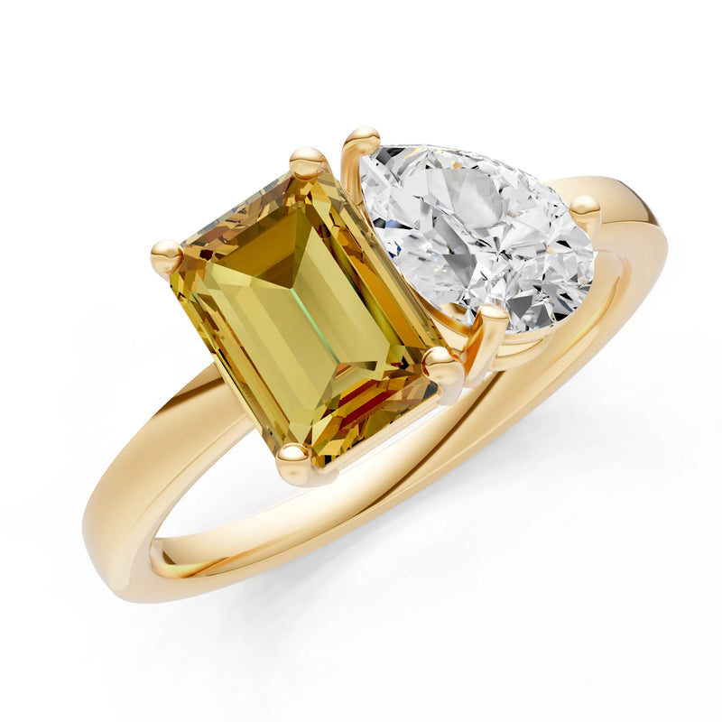 Cocktail Ring with Emerald Cut Gemstone and Pear Lab Grown Diamond