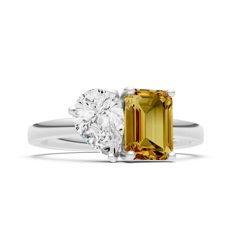 Cocktail Ring with Emerald Cut Gemstone and Pear Lab Grown Diamond