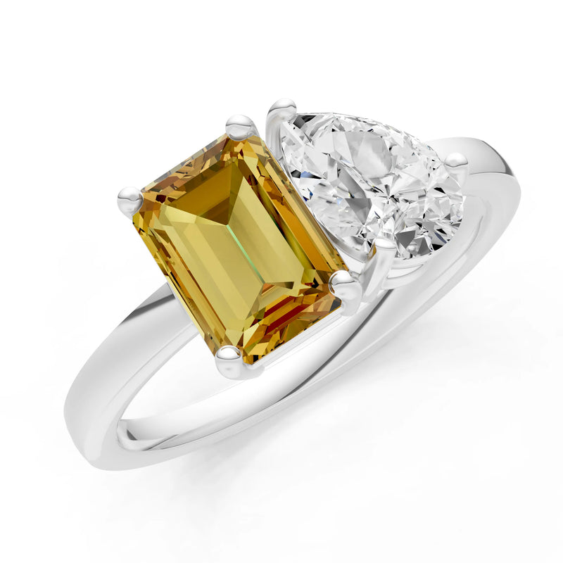 Cocktail Ring with Emerald Cut Gemstone and Pear Lab Grown Diamond