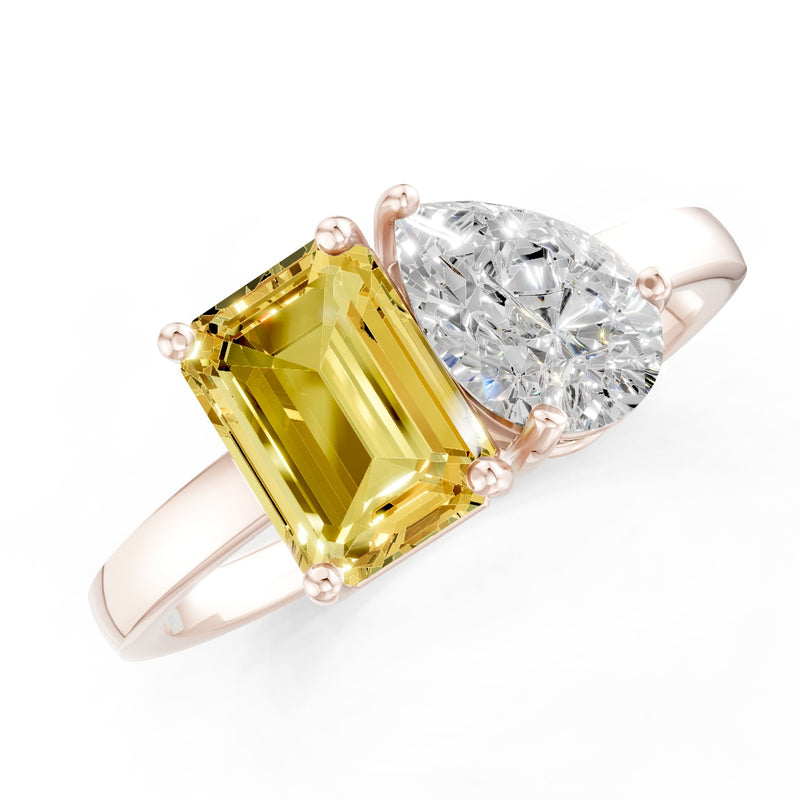 Cocktail Ring with Emerald Cut Gemstone and Pear Lab Grown Diamond