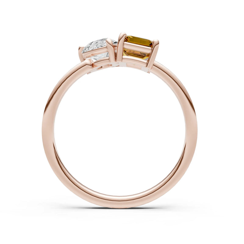 Cocktail Ring with Emerald Cut Gemstone and Pear Lab Grown Diamond