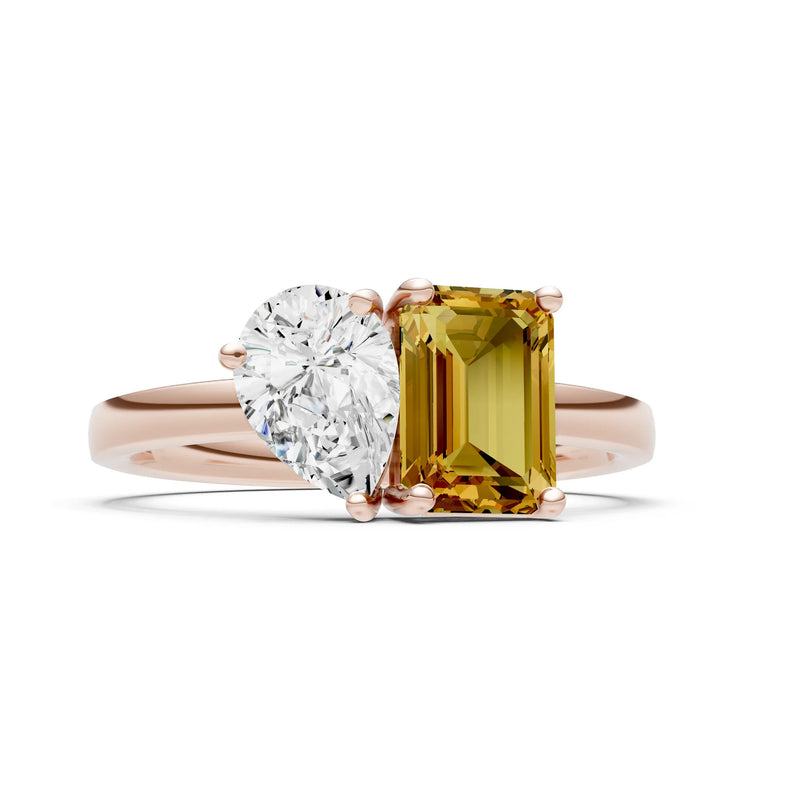 Cocktail Ring with Emerald Cut Gemstone and Pear Lab Grown Diamond