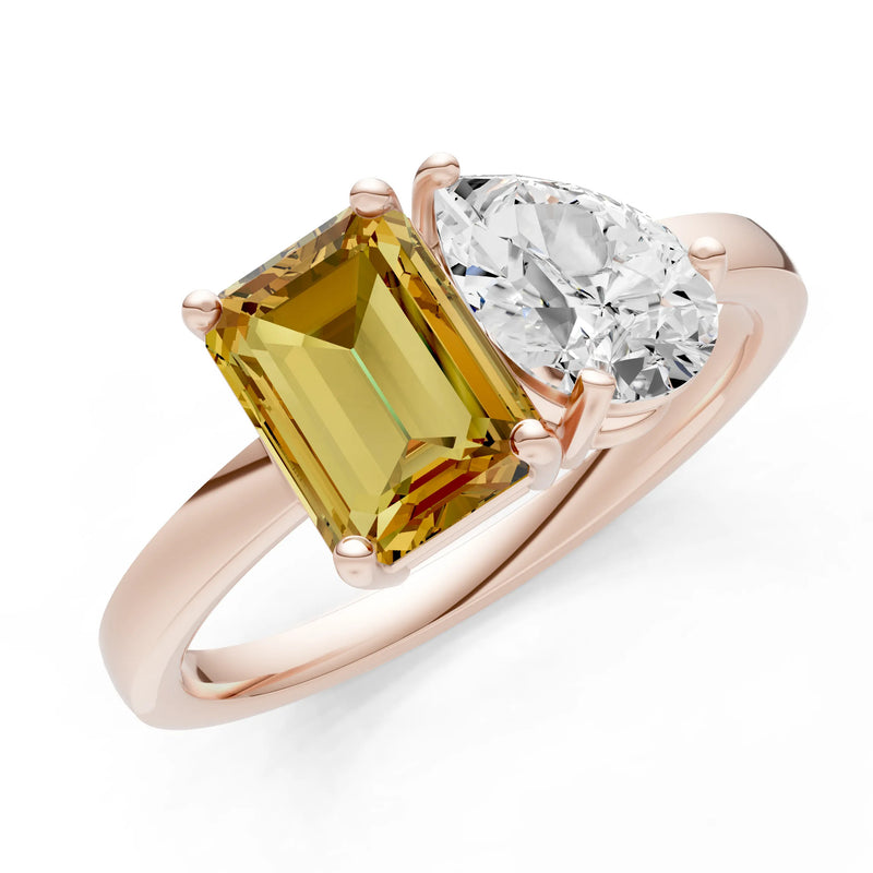 Cocktail Ring with Emerald Cut Gemstone and Pear Lab Grown Diamond