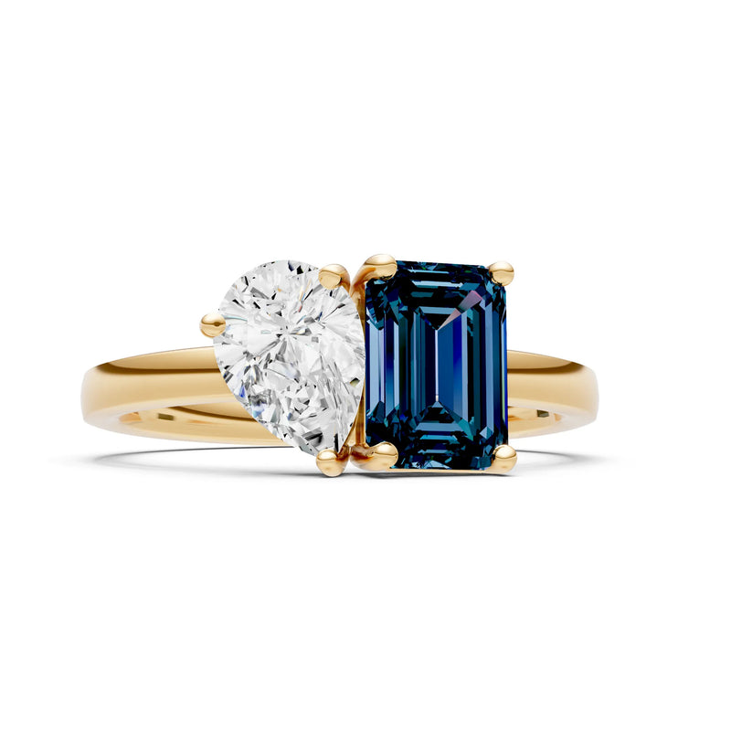 Cocktail Ring with Emerald Cut Gemstone and Pear Lab Grown Diamond
