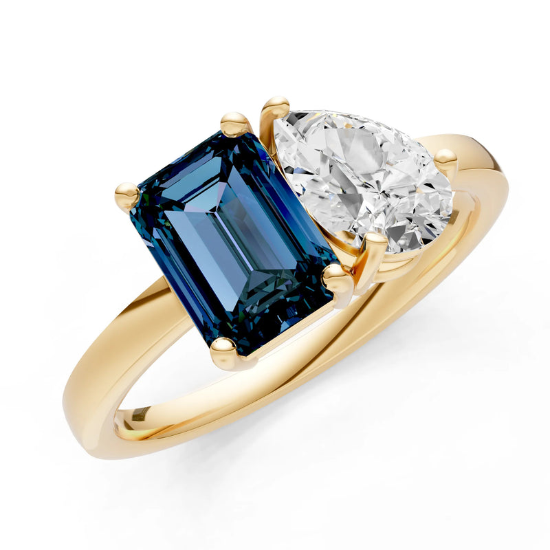 Cocktail Ring with Emerald Cut Gemstone and Pear Lab Grown Diamond