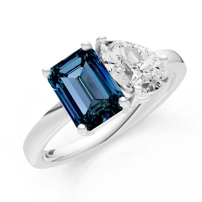 Cocktail Ring with Emerald Cut Gemstone and Pear Lab Grown Diamond