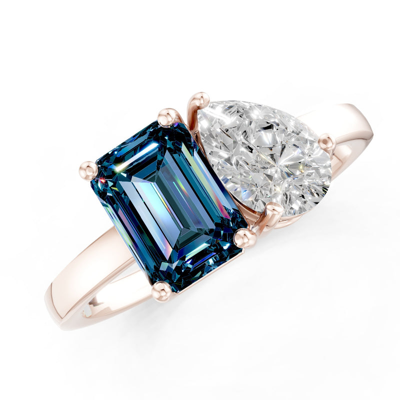 Cocktail Ring with Emerald Cut Gemstone and Pear Lab Grown Diamond