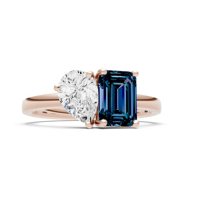 Cocktail Ring with Emerald Cut Gemstone and Pear Lab Grown Diamond