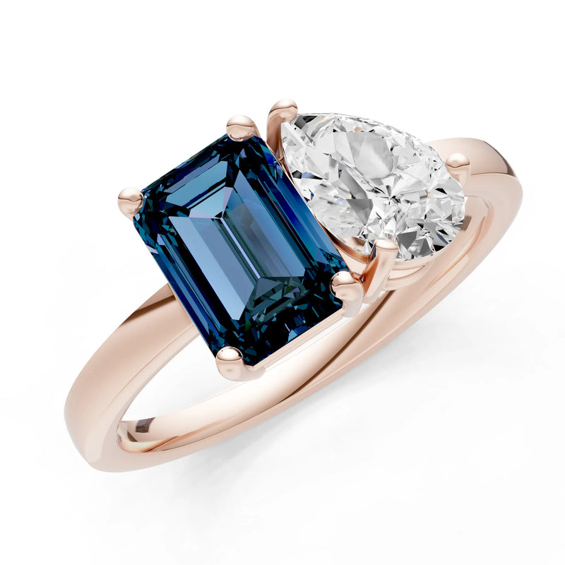 Cocktail Ring with Emerald Cut Gemstone and Pear Lab Grown Diamond