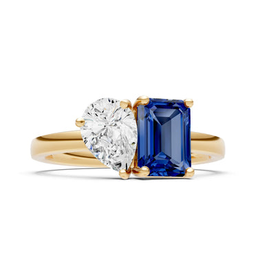 Cocktail Ring with Emerald Cut Gemstone and Pear Lab Grown Diamond
