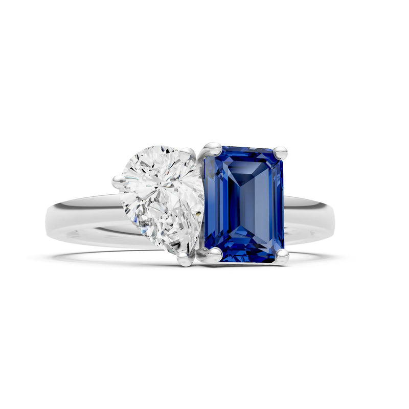 Cocktail Ring with Emerald Cut Gemstone and Pear Lab Grown Diamond