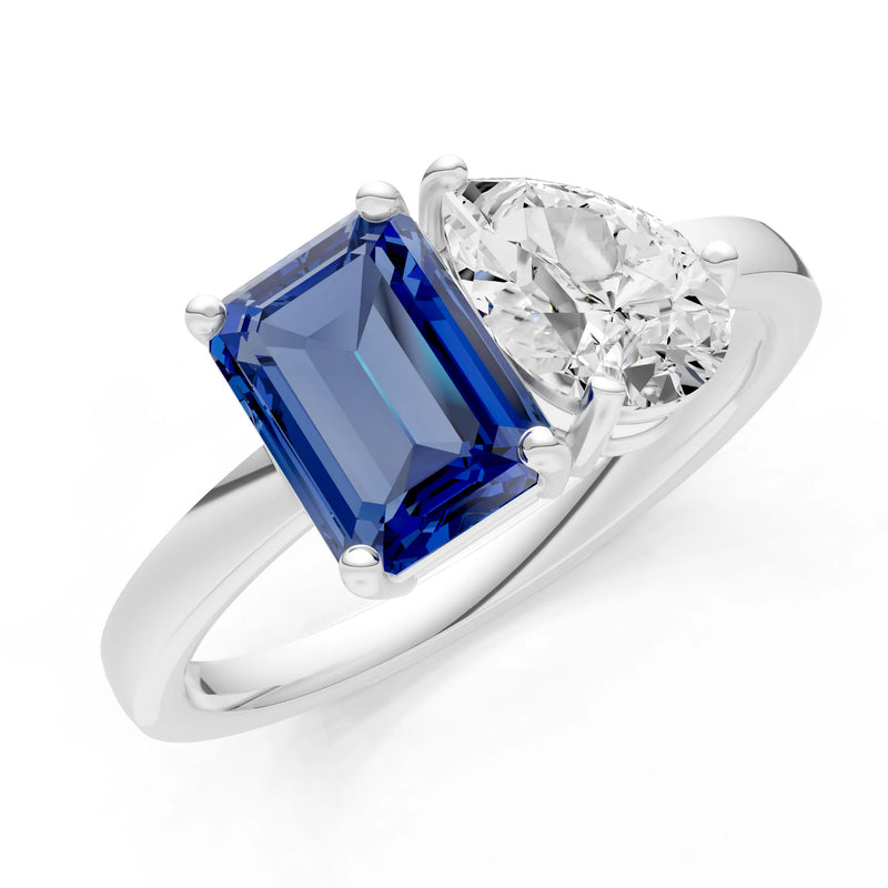 Cocktail Ring with Emerald Cut Gemstone and Pear Lab Grown Diamond