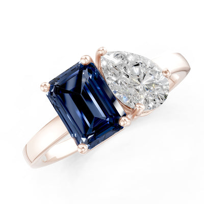Cocktail Ring with Emerald Cut Gemstone and Pear Lab Grown Diamond