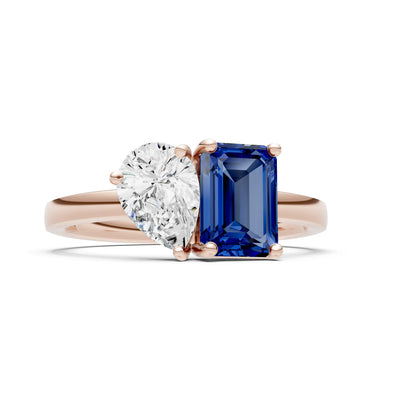 Cocktail Ring with Emerald Cut Gemstone and Pear Lab Grown Diamond