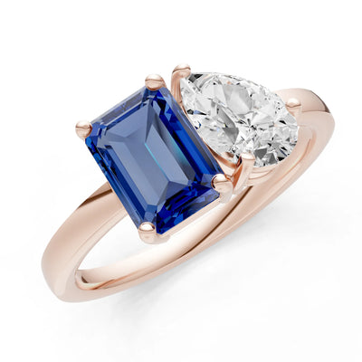 Cocktail Ring with Emerald Cut Gemstone and Pear Lab Grown Diamond