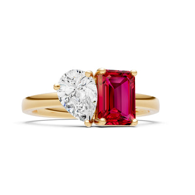 Ruby Emerald Cut Gemstone and Pear Cut Diamond Cocktail Ring