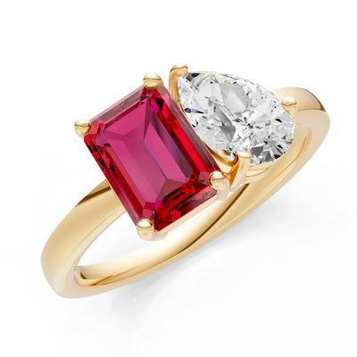 Cocktail Ring with Emerald Cut Gemstone and Pear Lab Grown Diamond