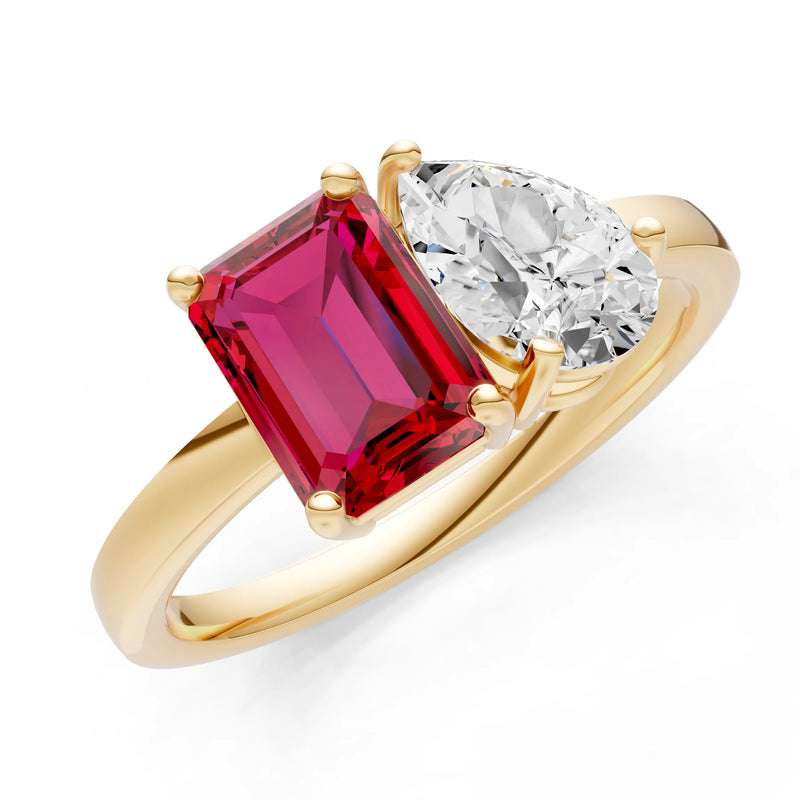 Cocktail Ring with Emerald Cut Gemstone and Pear Lab Grown Diamond