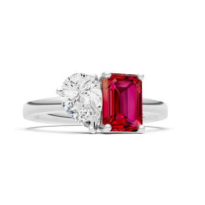 Cocktail Ring with Emerald Cut Gemstone and Pear Lab Grown Diamond