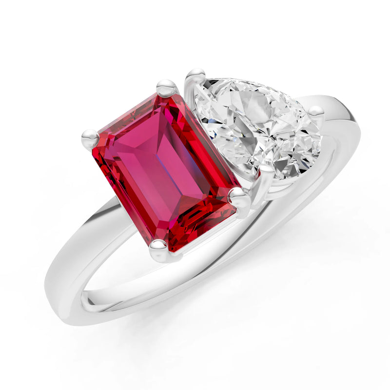 Cocktail Ring with Emerald Cut Gemstone and Pear Lab Grown Diamond