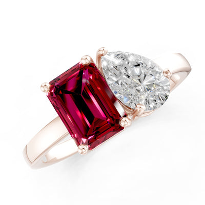 Cocktail Ring with Emerald Cut Gemstone and Pear Lab Grown Diamond