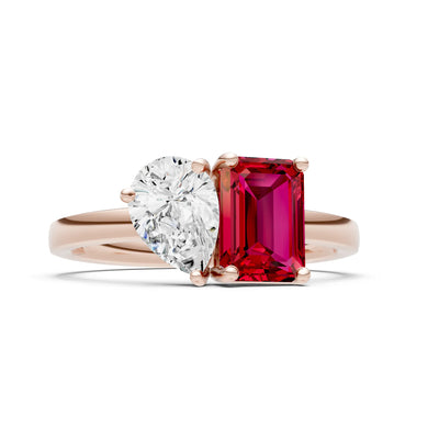 Cocktail Ring with Emerald Cut Gemstone and Pear Lab Grown Diamond