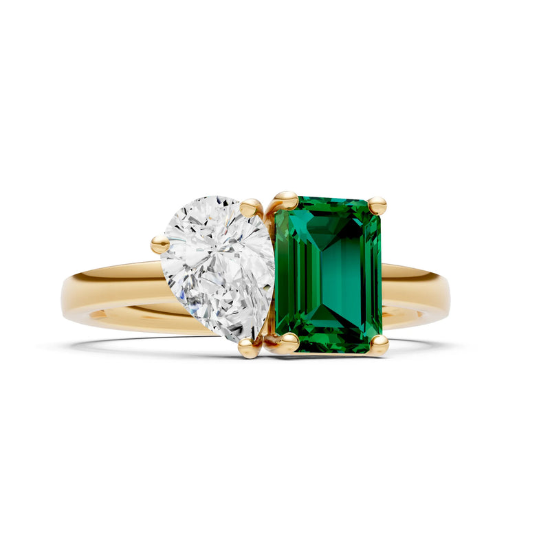 Cocktail Ring with Emerald Cut Gemstone and Pear Lab Grown Diamond