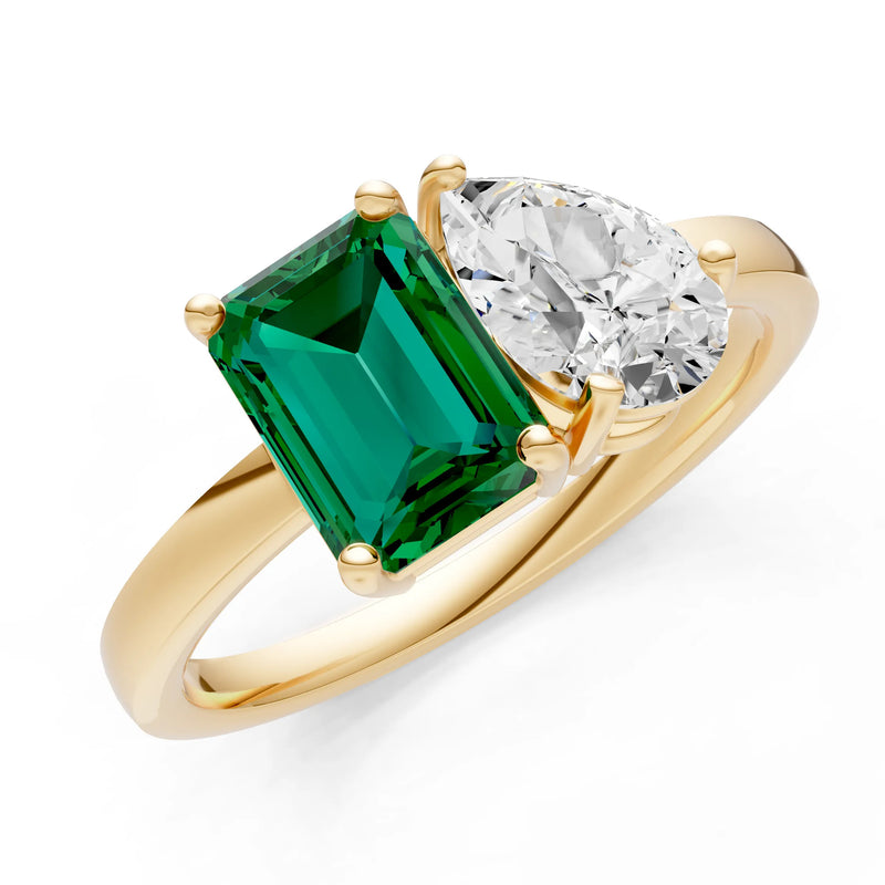 Cocktail Ring with Emerald Cut Gemstone and Pear Lab Grown Diamond