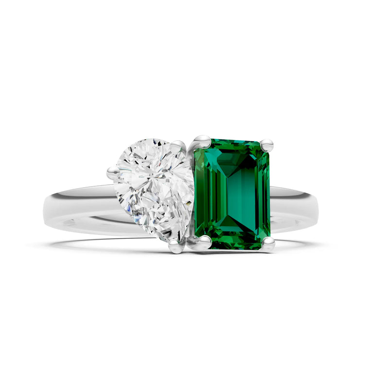Cocktail Ring with Emerald Cut Gemstone and Pear Lab Grown Diamond
