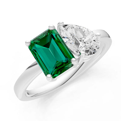 Cocktail Ring with Emerald Cut Gemstone and Pear Lab Grown Diamond