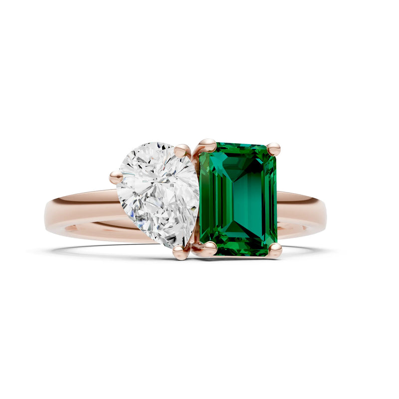 Cocktail Ring with Emerald Cut Gemstone and Pear Lab Grown Diamond