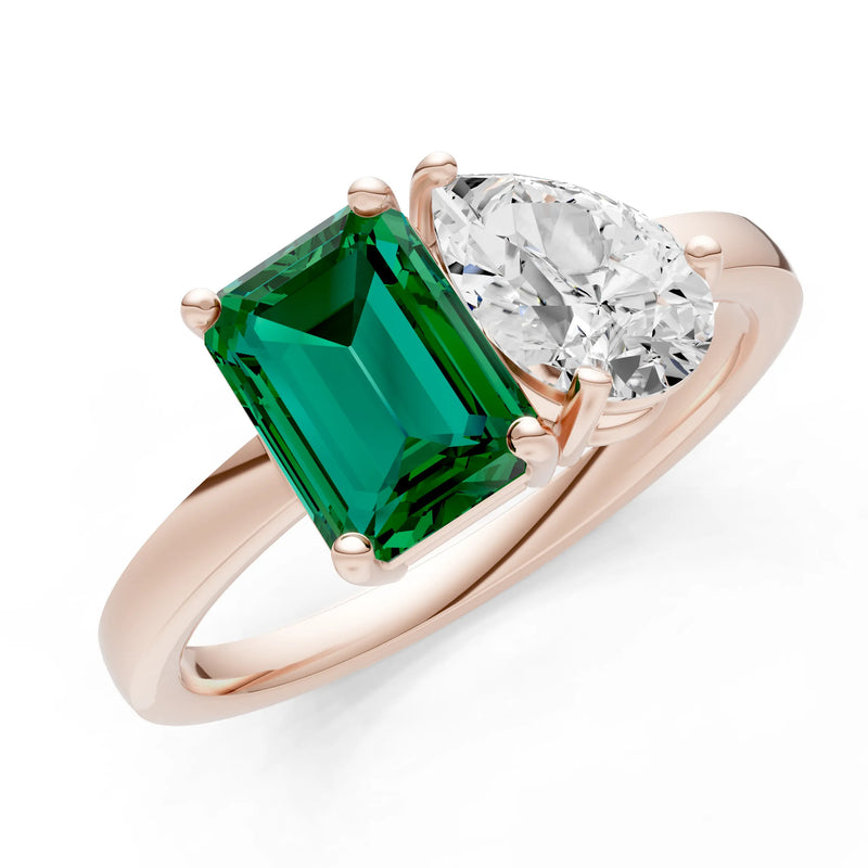Cocktail Ring with Emerald Cut Gemstone and Pear Lab Grown Diamond
