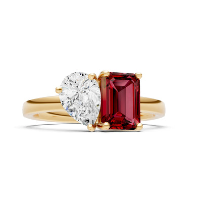 Cocktail Ring with Emerald Cut Gemstone and Pear Lab Grown Diamond