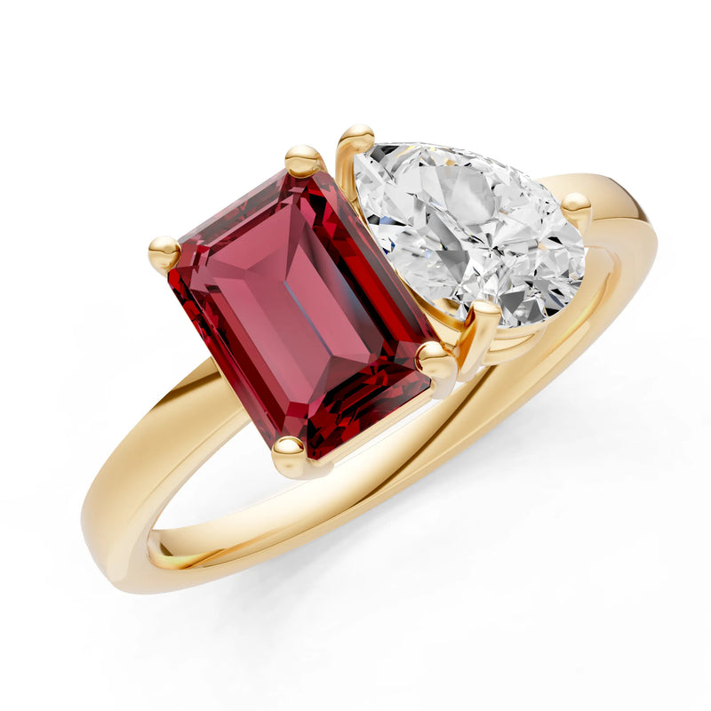 Cocktail Ring with Emerald Cut Gemstone and Pear Lab Grown Diamond