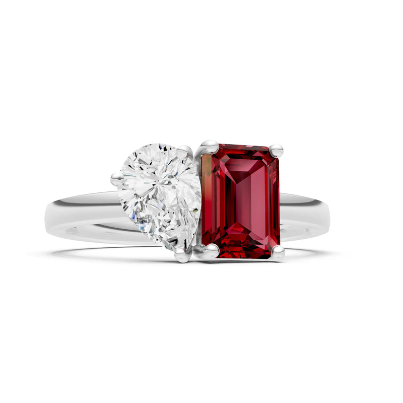 Cocktail Ring with Emerald Cut Gemstone and Pear Lab Grown Diamond