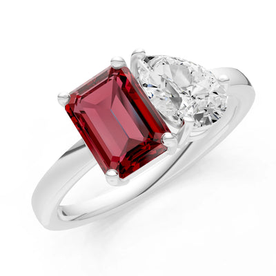 Cocktail Ring with Emerald Cut Gemstone and Pear Lab Grown Diamond